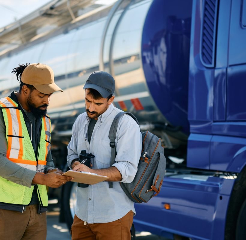Black dispatcher and truck driver going through shipment list on parking lot. Truck driver and African American freight transportation manager going through checklist on parking lot. Copy space.